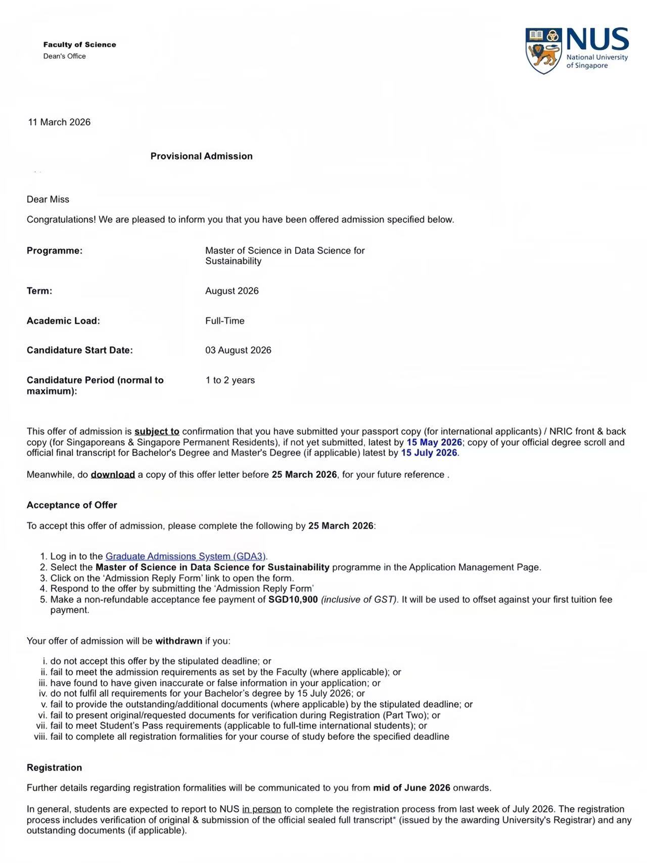 新加坡国立大学Offer
