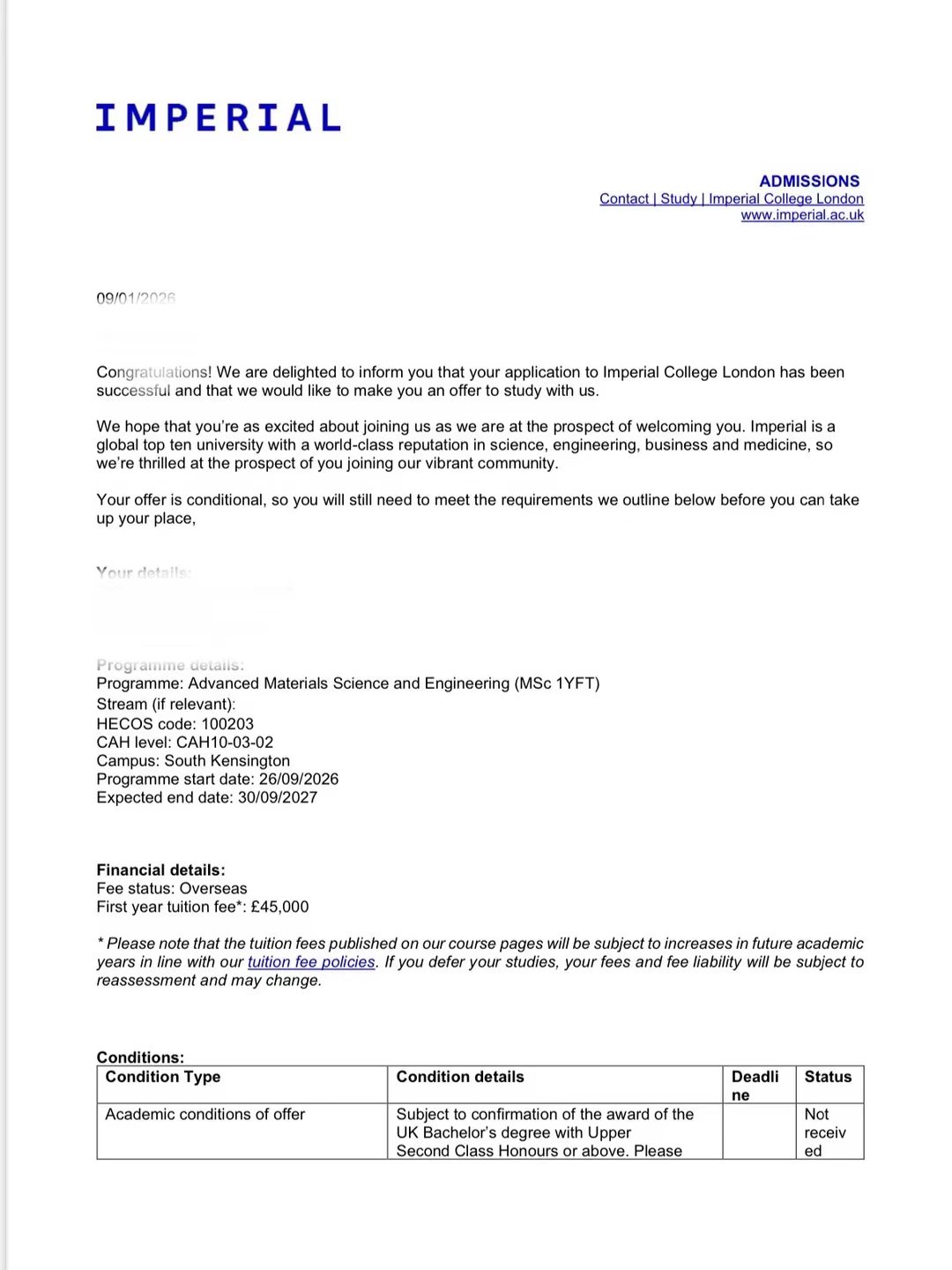 帝国理工学院Offer