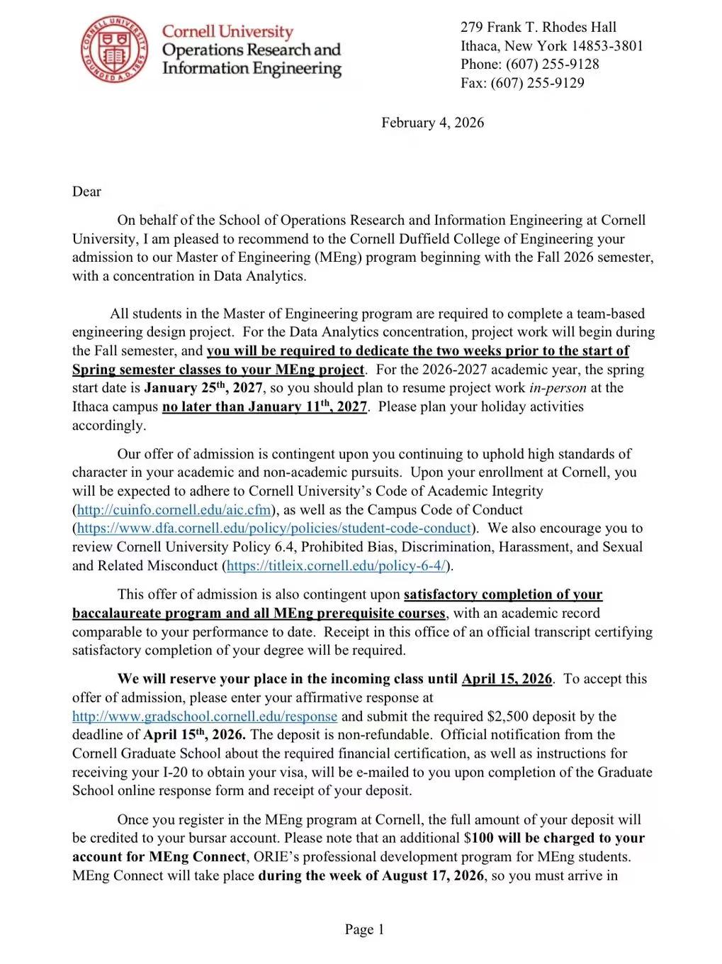 康奈尔大学Offer
