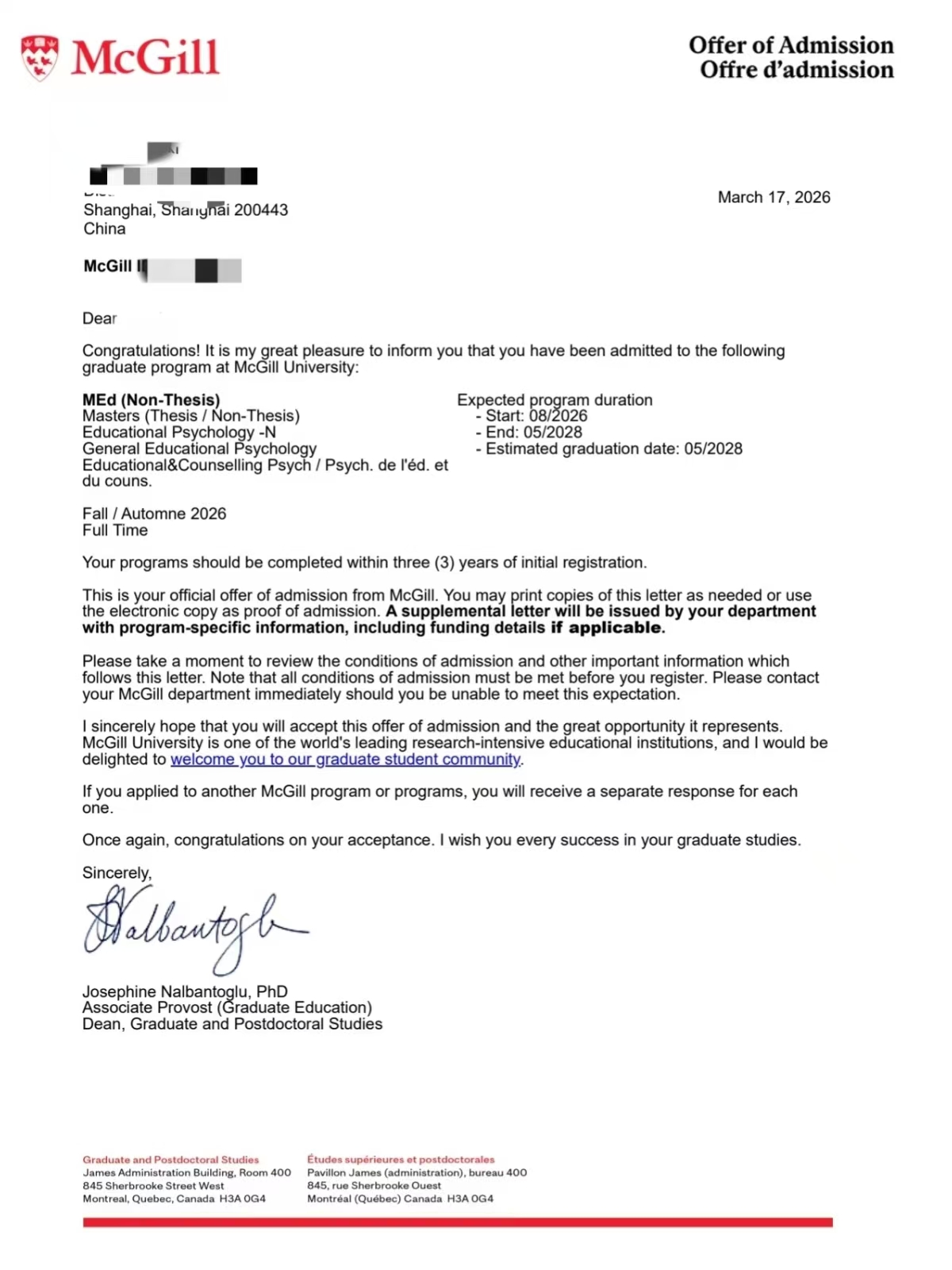 麦吉尔大学Offer