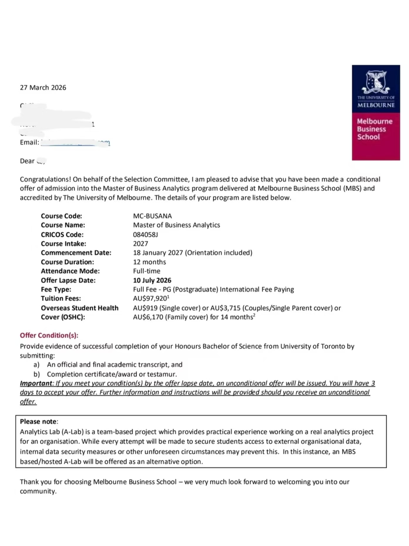 墨尔本大学Offer