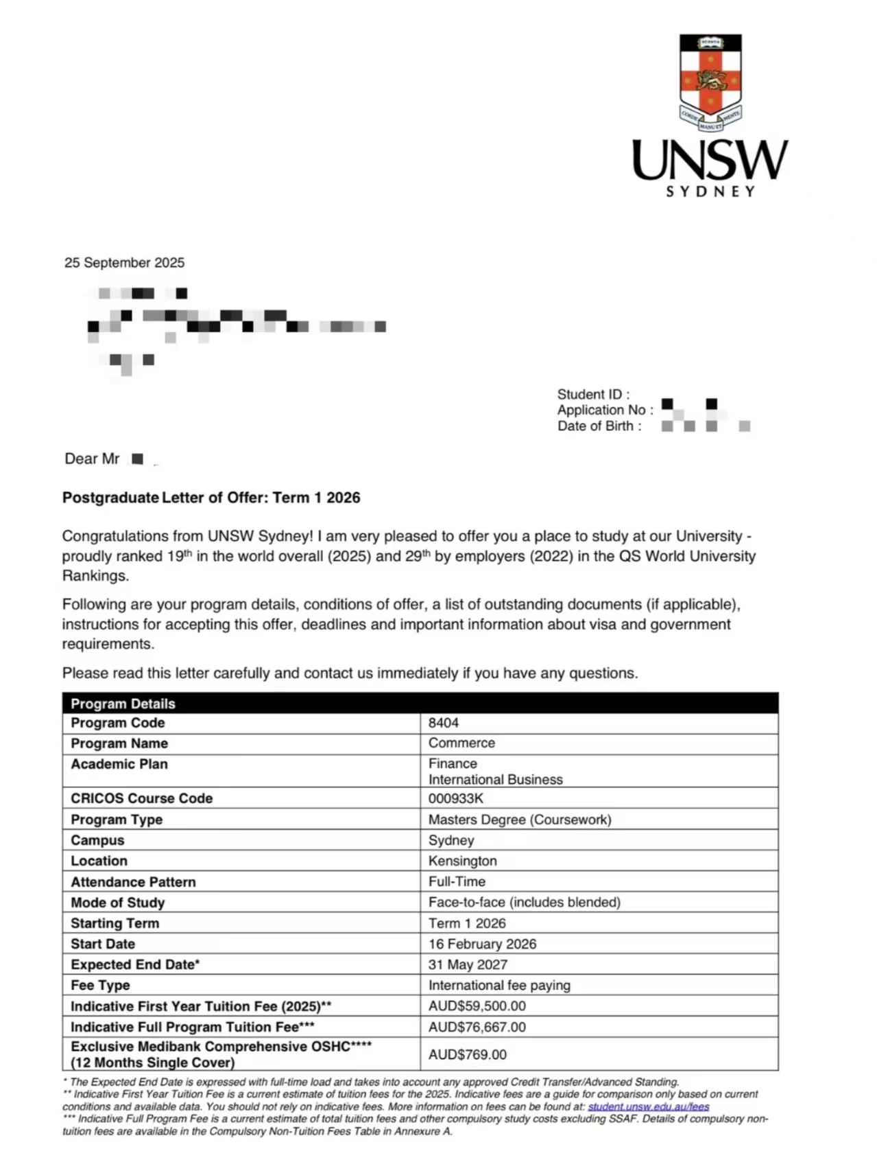新南威尔士大学商学硕士录取通知书截图