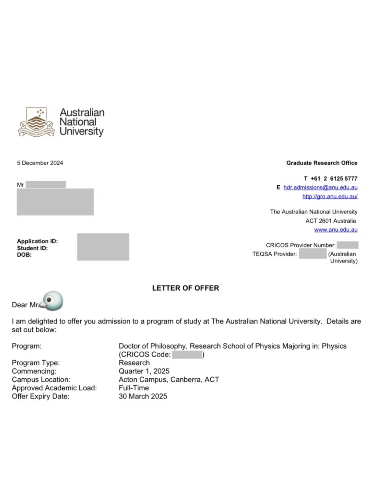 澳大利亚国立大学物理学博士录取通知书截图